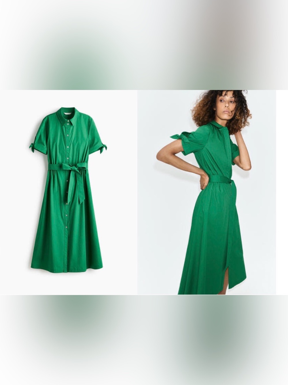H&M Green Button-Front Tie-Waist Midi Dress